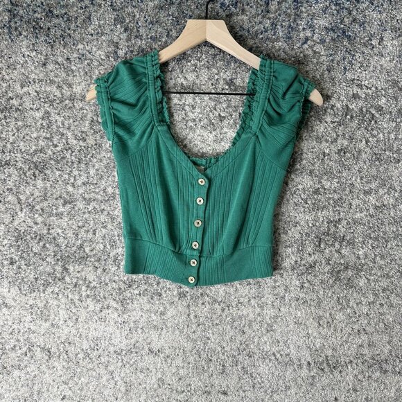 We The Free Sweater Womens Small Green Cropped Cap Sleeve Cardigan Ribbed - Picture 1 of 6